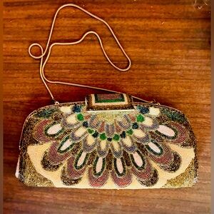 Vintage Jerome Beaded Clutch with Gold Accents and snake chain.